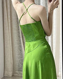 Green Spaghetti Strap Slit Satin Long Sleeveless Prom Dress Party Pong Evening Dress HZ1024