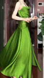 Green Spaghetti Strap Slit Satin Long Sleeveless Prom Dress Party Pong Evening Dress HZ1024