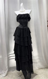 Black Strapless A-Line Layered Chiffon Long Prom Dress Graduation Prom Dress HZ1024