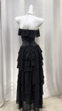 Black Strapless A-Line Layered Chiffon Long Prom Dress Graduation Prom Dress HZ1024