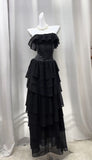 Black Strapless A-Line Layered Chiffon Long Prom Dress Graduation Prom Dress HZ1024