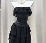 Black Strapless A-Line Layered Chiffon Long Prom Dress Graduation Prom Dress HZ1024