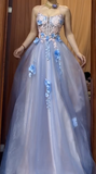 A-Line Spaghetti Strap Tulle Applique Long Prom Dress Sweet Evening Dress HZ1024