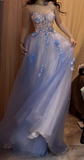 A-Line Spaghetti Strap Tulle Applique Long Prom Dress Sweet Evening Dress HZ1024