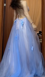 A-Line Spaghetti Strap Tulle Applique Long Prom Dress Sweet Evening Dress HZ1024