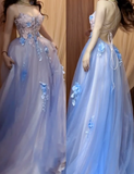 A-Line Spaghetti Strap Tulle Applique Long Prom Dress Sweet Evening Dress HZ1024