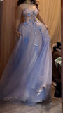 A-Line Spaghetti Strap Tulle Applique Long Prom Dress Sweet Evening Dress HZ1024