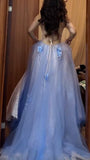 A-Line Spaghetti Strap Tulle Applique Long Prom Dress Sweet Evening Dress HZ1024