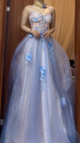 A-Line Spaghetti Strap Tulle Applique Long Prom Dress Sweet Evening Dress HZ1024