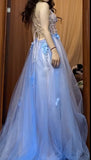A-Line Spaghetti Strap Tulle Applique Long Prom Dress Sweet Evening Dress HZ1024