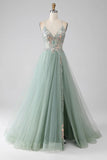 Green A-Line Tulle Strapless Sequined Long Prom Dresses for Birthday Backless Evening Gowns HZ1024