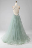 Green A-Line Tulle Strapless Sequined Long Prom Dresses for Birthday Backless Evening Gowns HZ1024