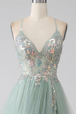 Green A-Line Tulle Strapless Sequined Long Prom Dresses for Birthday Backless Evening Gowns HZ1024