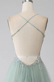 Green A-Line Tulle Strapless Sequined Long Prom Dresses for Birthday Backless Evening Gowns HZ1024