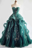 Sweetheart Neck Tulle Long Prom Dress Vintage Strapless Beaded Evening Gown HZ1024