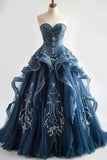 Sweetheart Neck Tulle Long Prom Dress Vintage Strapless Beaded Evening Gown HZ1024