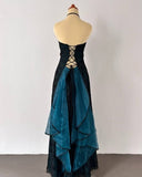 Strapless Teal Satin Sleeveless Black Tulle Beaded Ball Dress Birthday Evening Dress HZ1024