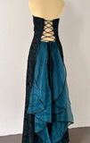 Strapless Teal Satin Sleeveless Black Tulle Beaded Ball Dress Birthday Evening Dress HZ1024