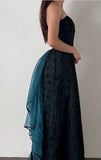 Strapless Teal Satin Sleeveless Black Tulle Beaded Ball Dress Birthday Evening Dress HZ1024