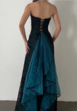 Strapless Teal Satin Sleeveless Black Tulle Beaded Ball Dress Birthday Evening Dress HZ1024