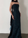 Strapless Teal Satin Sleeveless Black Tulle Beaded Ball Dress Birthday Evening Dress HZ1024