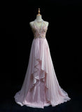 Pink A-Line Tulle High Neck Chiffon Long Beaded Backless Prom Dress Retro Wedding Birthday Dress HZ1024
