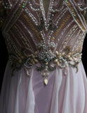 Pink A-Line Tulle High Neck Chiffon Long Beaded Backless Prom Dress Retro Wedding Birthday Dress HZ1024