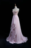 Pink A-Line Tulle High Neck Chiffon Long Beaded Backless Prom Dress Retro Wedding Birthday Dress HZ1024