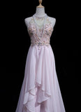 Pink A-Line Tulle High Neck Chiffon Long Beaded Backless Prom Dress Retro Wedding Birthday Dress HZ1024