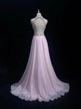 Pink A-Line Tulle High Neck Chiffon Long Beaded Backless Prom Dress Retro Wedding Birthday Dress HZ1024