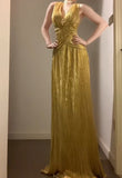 Temperament Golden V-neck Long Prom Dress Birthday Party Dress HZ1024
