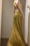 Temperament Golden V-neck Long Prom Dress Birthday Party Dress HZ1024