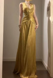 Temperament Golden V-neck Long Prom Dress Birthday Party Dress HZ1024