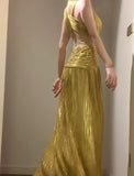 Temperament Golden V-neck Long Prom Dress Birthday Party Dress HZ1024