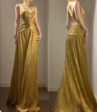 Temperament Golden V-neck Long Prom Dress Birthday Party Dress HZ1024