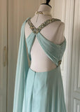 Tiffany Blue Chiffon V-neck Beaded Sequin A-Line Long Prom Dress Wedding Evening Dress HZ1024