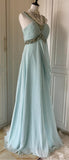Tiffany Blue Chiffon V-neck Beaded Sequin A-Line Long Prom Dress Wedding Evening Dress HZ1024