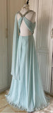 Tiffany Blue Chiffon V-neck Beaded Sequin A-Line Long Prom Dress Wedding Evening Dress HZ1024