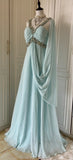Tiffany Blue Chiffon V-neck Beaded Sequin A-Line Long Prom Dress Wedding Evening Dress HZ1024