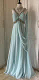 Tiffany Blue Chiffon V-neck Beaded Sequin A-Line Long Prom Dress Wedding Evening Dress HZ1024