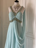 Tiffany Blue Chiffon V-neck Beaded Sequin A-Line Long Prom Dress Wedding Evening Dress HZ1024