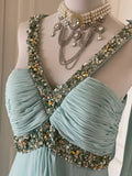 Tiffany Blue Chiffon V-neck Beaded Sequin A-Line Long Prom Dress Wedding Evening Dress HZ1024