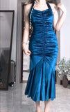Blue Pleated Mermaid Satin Open Back Prom Dress Birthday Dress HZ1024