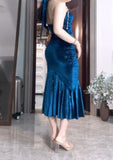 Blue Pleated Mermaid Satin Open Back Prom Dress Birthday Dress HZ1024