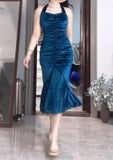 Blue Pleated Mermaid Satin Open Back Prom Dress Birthday Dress HZ1024