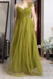 Olive Green Spaghetti Strap Tulle Long Prom Dress Sweet Birthday Evening Dress HZ1024