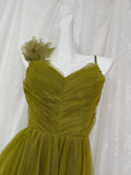 Olive Green Spaghetti Strap Tulle Long Prom Dress Sweet Birthday Evening Dress HZ1024