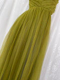 Olive Green Spaghetti Strap Tulle Long Prom Dress Sweet Birthday Evening Dress HZ1024
