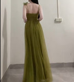 Olive Green Spaghetti Strap Tulle Long Prom Dress Sweet Birthday Evening Dress HZ1024
