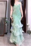 Mint Green Mermaid Spaghetti Strap Sequined Tulle Ball Dress Backless Evening Gown HZ1024